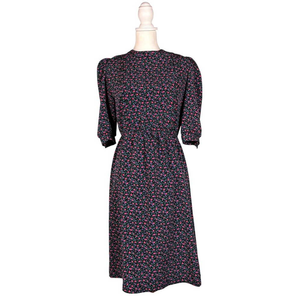 Vintage 80s Floral Midi Dress Women's Short Sleeve Casual Day Secretary Prairie